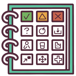 low tech AAC pages in a teal folder. There are different common symbols on the front page, including green/yellow/red squares that could stand for yes/maybe/no, or go/slow/stop.